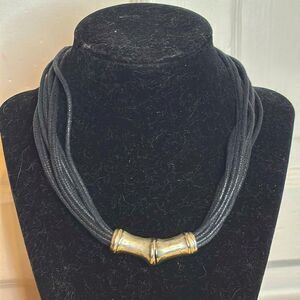 Multistrand black leather cord necklace with silver tone slider metal hook 16”